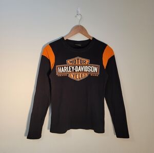 Harley Davidson black orange classic long sleeve t-shirt Quebec biker y2k M